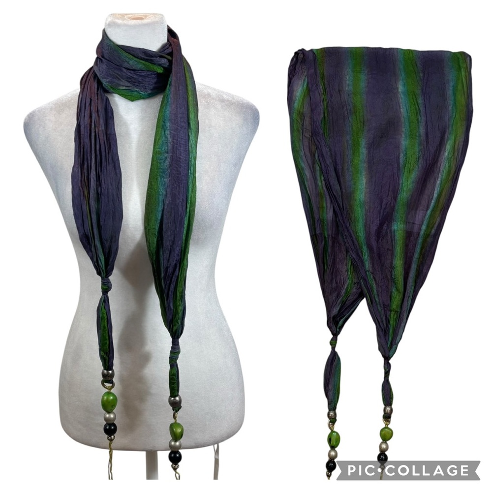 Ladies Vintage Green and Purple Dyed Silk Scarf with Bead Ends